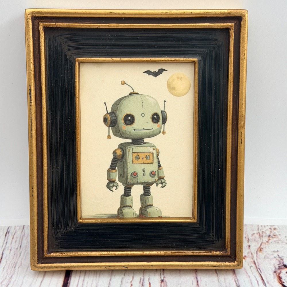 Robot Art Print Whimsical Sci-Fi Black Gold Frame 5x6 No Glass Vintage Frame